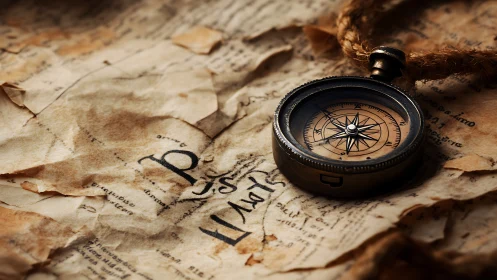 Vintage brass compass rests on a timeworn nautical map