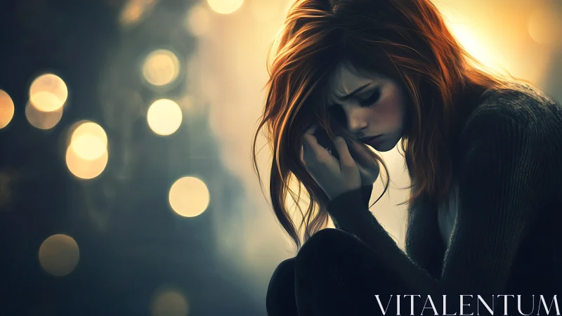 Lanterns of sorrow glow around a girl lost in nightfall.