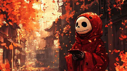 Hooded skeleton figure studies device in warm autumn alleyway