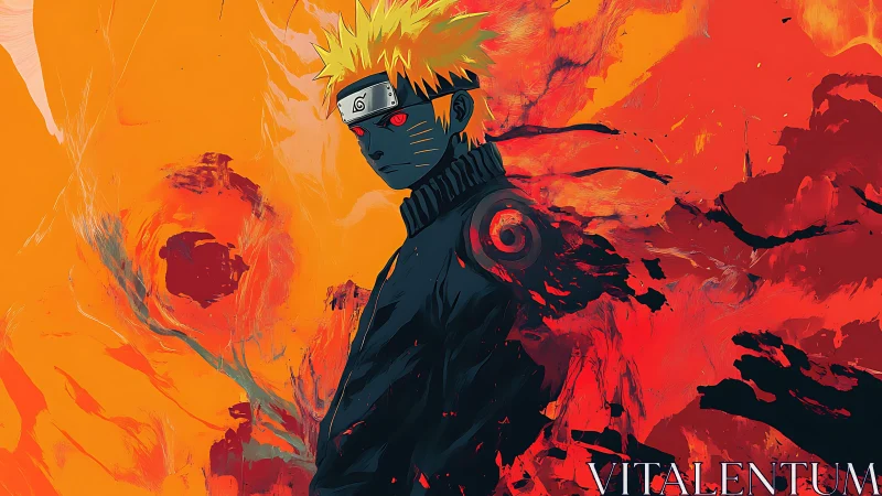 Fiery ninja silhouette amid swirling crimson chakra storm.