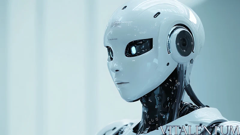 Futuristic humanoid robot gazes ahead in sleek white shell.