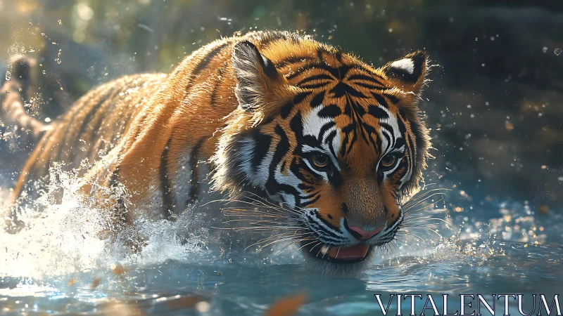 Tiger charges through sunlit water with focused intensity
