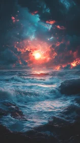 Celestial sunset over turbulent teal ocean under nebula sky.