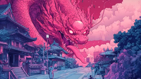 Colossal neon dragon descends over quiet futuristic street