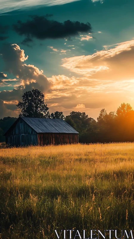 Barn drinks in molten sunset over whispering summer field.