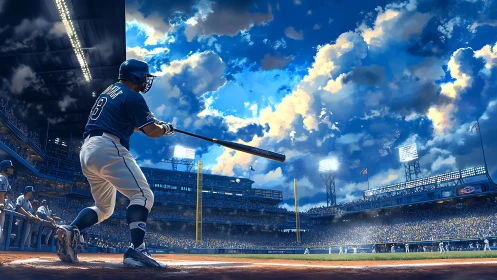 Low-angle baseball batter under luminous stadium sky at dusk.