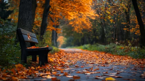 Empty park bench beside leaf-covered autumn pathway.