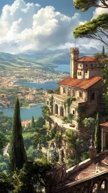 Clifftop villa above sunlit lake and terraced hillside town.