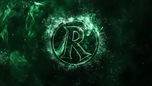 Glowing emerald letter R emblem in energetic nebula burst