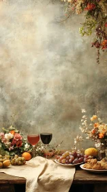 Vertical still life tableau uniting fruit, wine glasses and florals