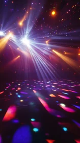Disco lights cast vivid beams across empty dance floor.