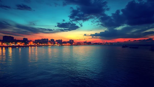 City shoreline under vivid blue and orange sunset sky.