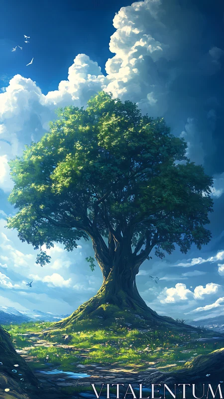 Skyroot sentinel beneath towering daydream clouds.