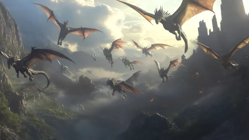 Twilight wingstorm of mountain dragons over burning valley.