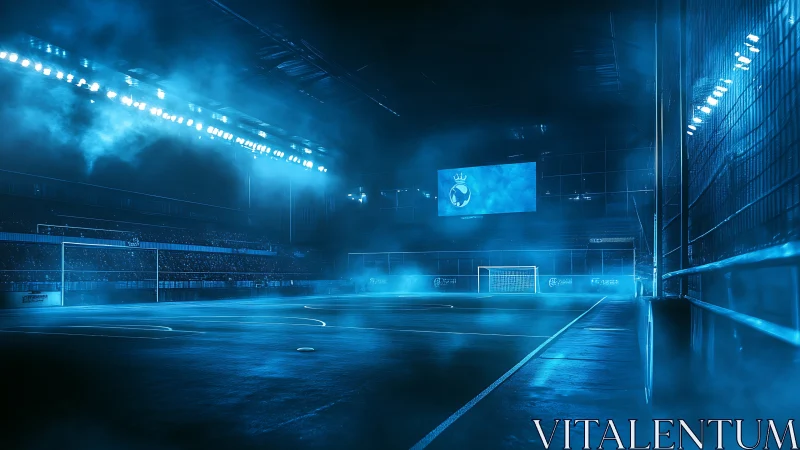 Floodlit indoor football arena uses volumetric blue haze and deep contrast