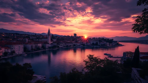 Harbor city skyline under vivid purple sunset glow.