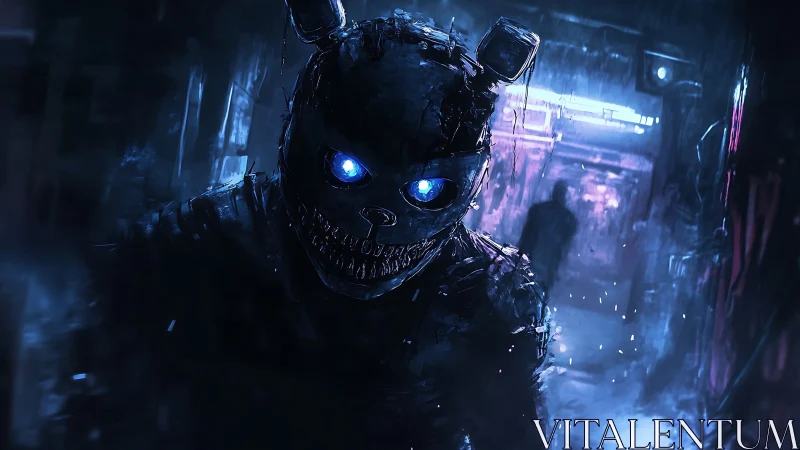 Cybernetic horror rabbit stalks victim in neon alleyway