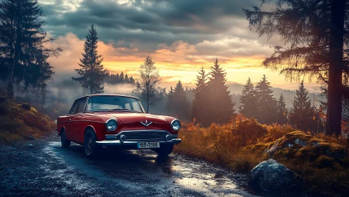 Crimson classic car paused on a misty forest sunrise road.