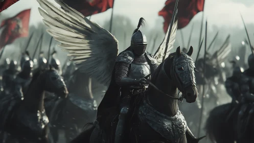 Winged warhost rides through mist toward crimson banners.