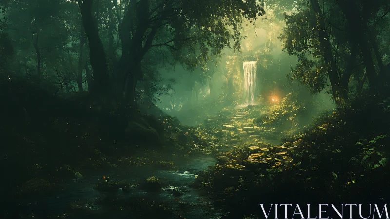 Enchanted Forest Waterfall: Luminous Fantasy Landscape.