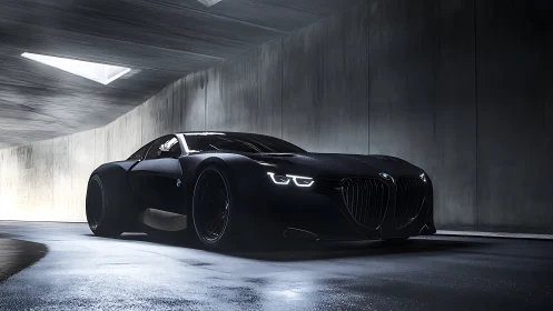 Stealth black concept supercar under moody tunnel lighting.