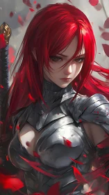 Armored red haired swordswoman rendered with dynamic petal motion