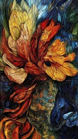 Impasto floral abstraction with swirling chromatic petal masses.