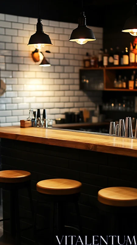Warm industrial bar counter under pendant lights at night.