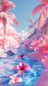 Candyfloss lagoon where bubblegum palms kiss blue water.