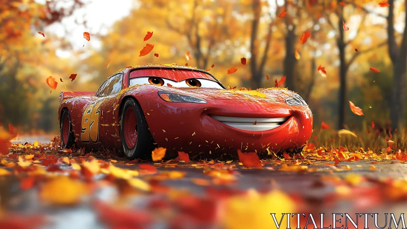 Red cartoon race car rests on leaf covered forest road