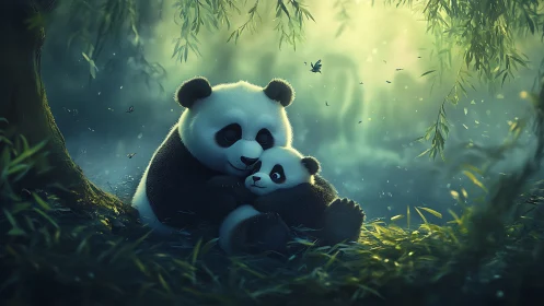 Cuddling panda mother and cub in misty backlit bamboo grove