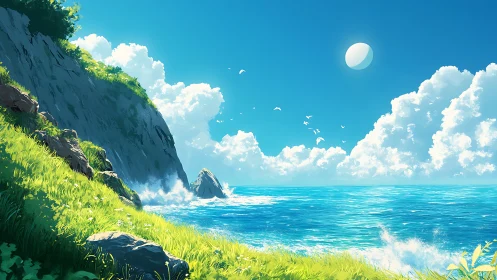 Sunlit cliffs overlook a tranquil turquoise summer sea