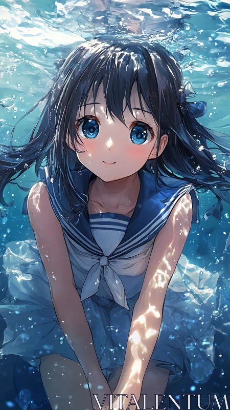 Blue-eyed anime girl floats underwater in sunlit serenity