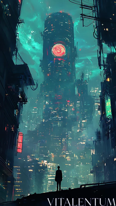 Lone figure beneath neon monolith in cyberpunk megacity.