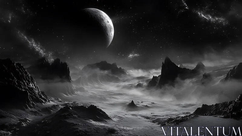 Silent lunar valley rests beneath a glowing crescent moon