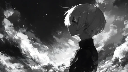 Monochrome anime silhouette amid turbulent cloud luminance.