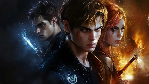 Trio of battle-scarred warriors divide fire and shadow in profile