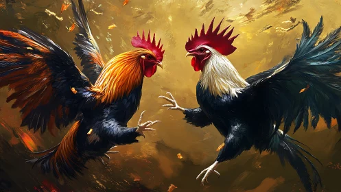 Roosters in Confrontation Against Golden Atmospheric Background