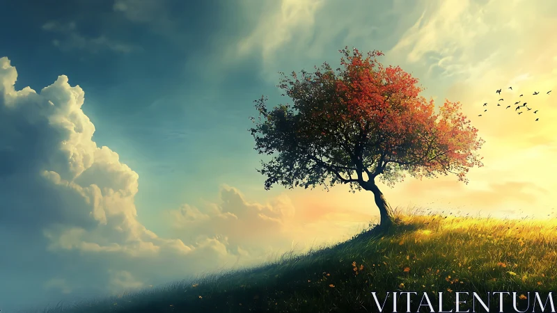 Lone autumn tree on grassy hill at sunset in dreamy art style.