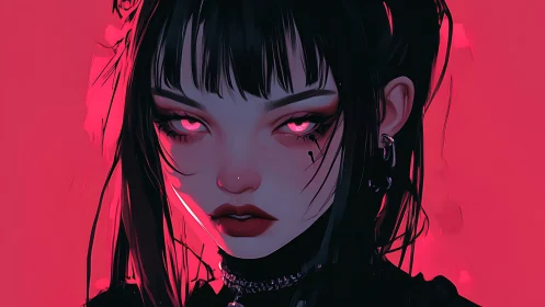Neon-eyed goth portrait under crimson cyber glow.