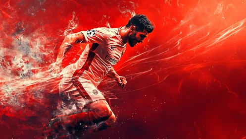Dynamic soccer player sprinting in red energy burst art