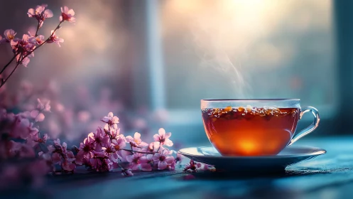 Steaming floral tea in glass cup against soft dawn bokeh light
