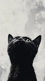 Black Cat Looking Upward Against Gray Background.