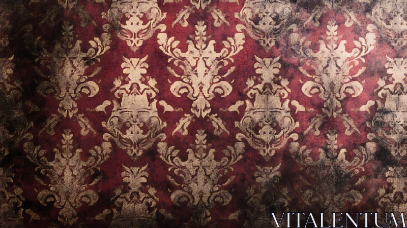 Vintage red damask wallpaper shows distressed ornate pattern