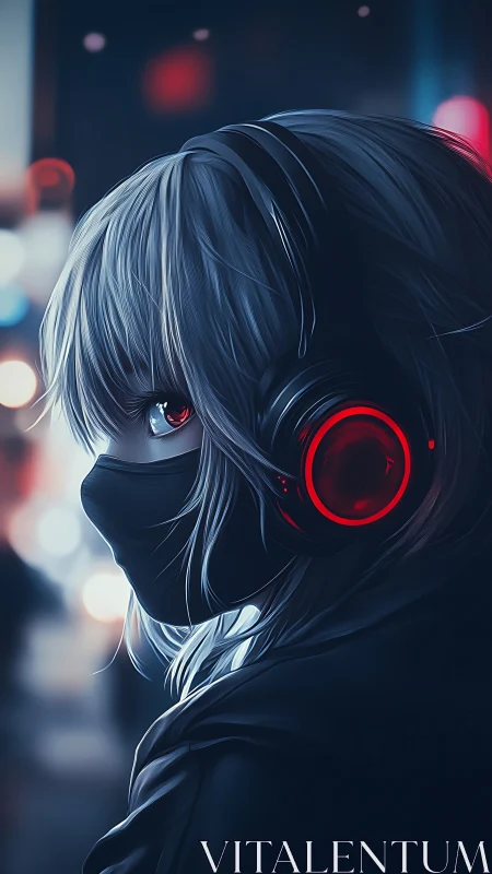Hooded anime figure wearing red headphones in neon city