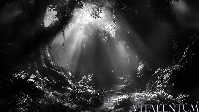 Sunlit forest cave with dense vegetation and atmospheric light rays
