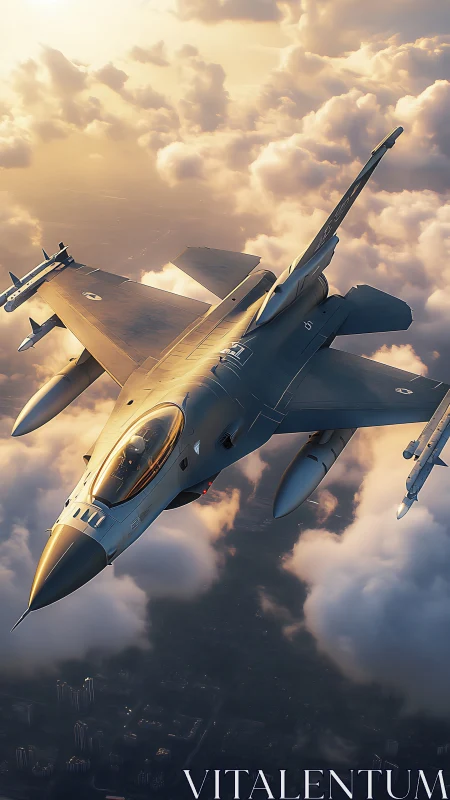 Sleek fighter jet soaring above sunset cloud canopy.