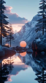 Glowing orb resting in a tranquil snowy mountain valley.