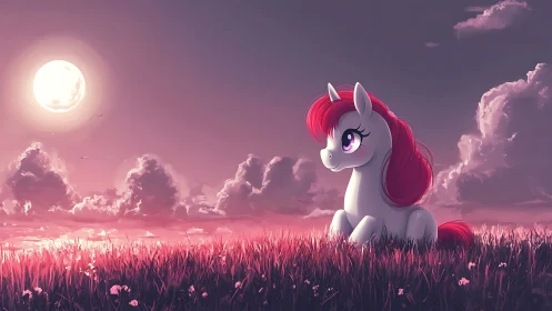 Cartoon pony in luminous dusk meadow under oversized moon