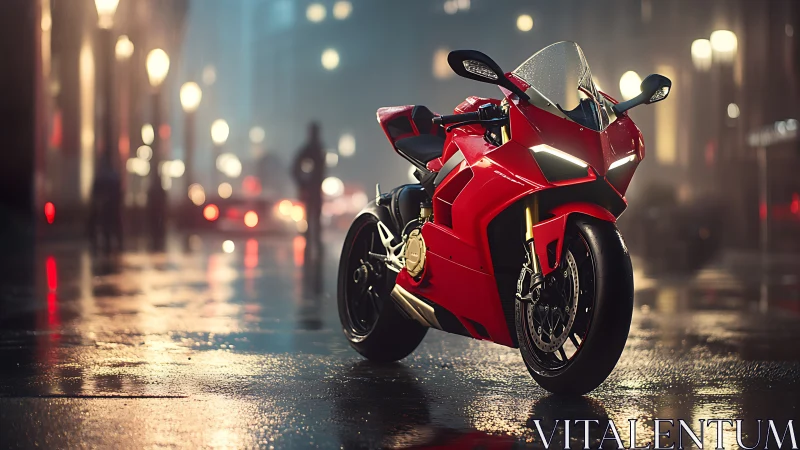 Red superbike glows on a rainy neon city street at night